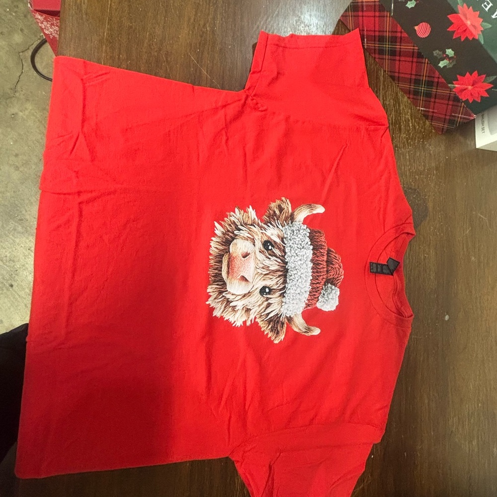 Red T-Shirt with Festive Highland Cow Print